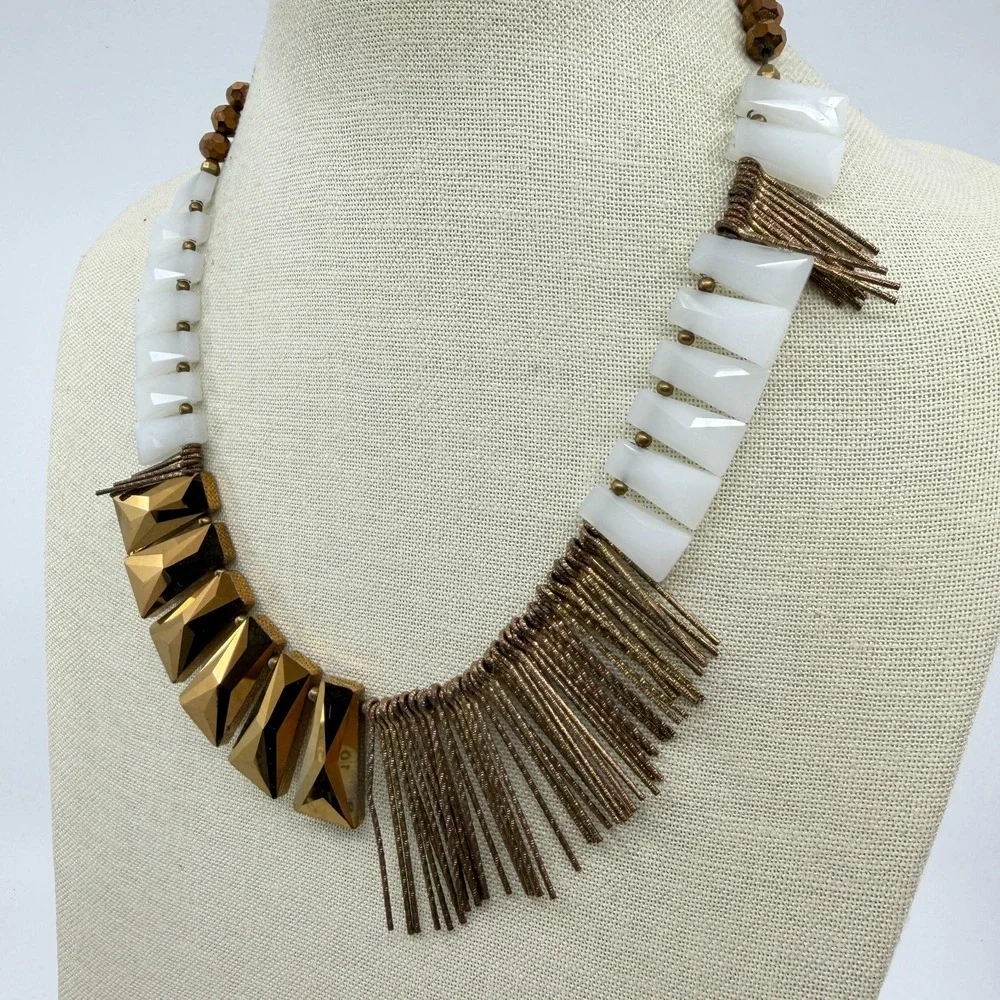 Bronze Tone  White  Geometric Bead Fringe Bib Necklace Boho Statement Jewelry